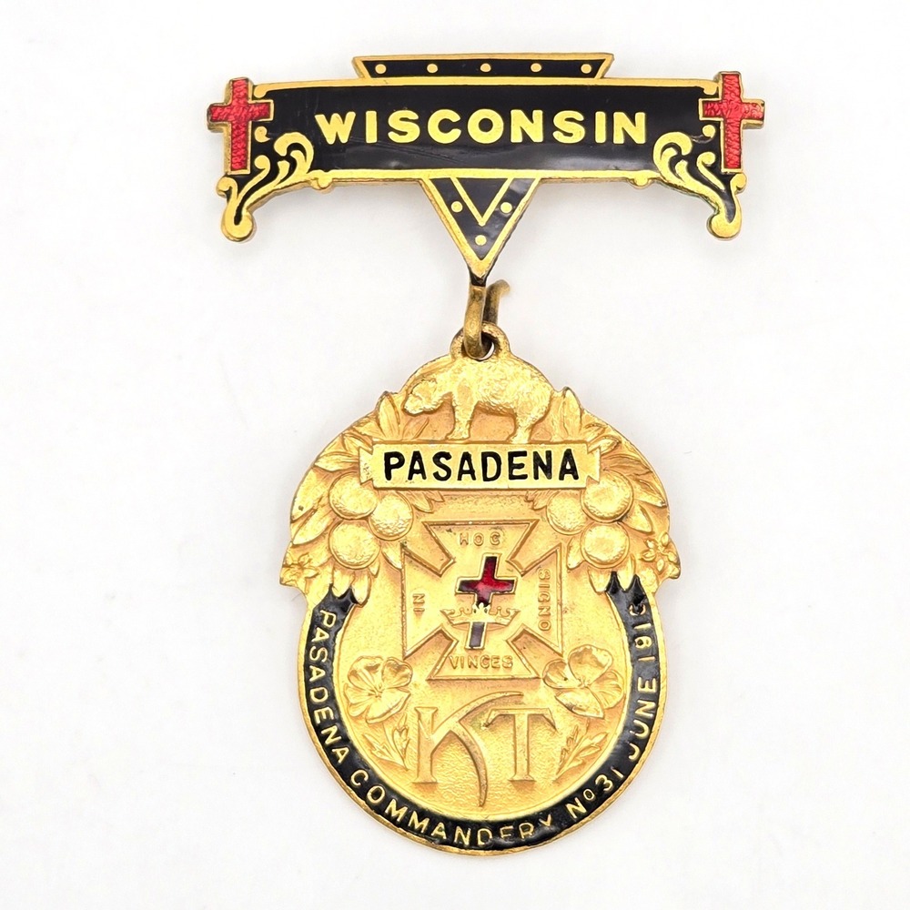 Antique Knights Templar Pasadena Commandery No 31 Wisconsin Medal Pin 1910 Hall